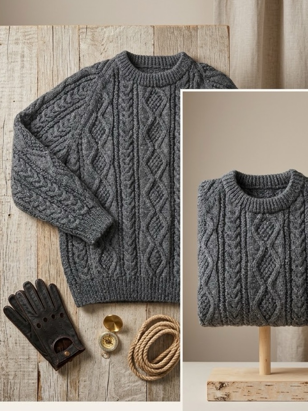 Home Knit Heathered Grey Thick Cable Wool Fisherman Men's Sweater